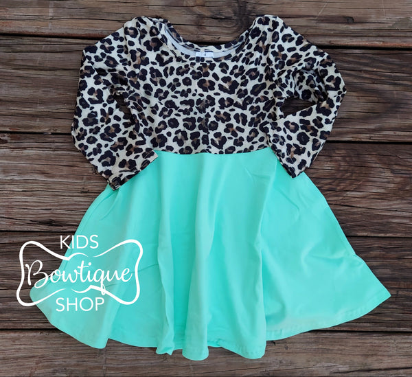 Cheetah & Mint Green Twirl Dress- Size 10/12 Left!