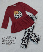 Burgundy Peplum Pumpkin Top w/ Animal Print Ruffle Pants