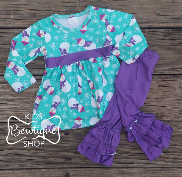 Purple & Teal Ruffle Snowman Set