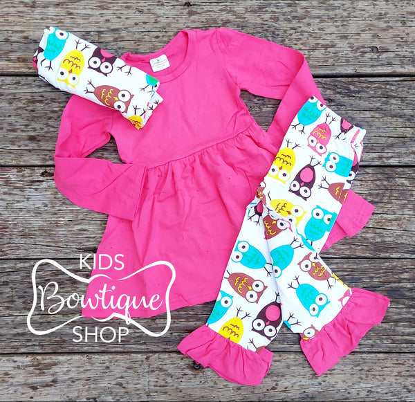 Pink Tunic Owl Scarf & Leggings Set