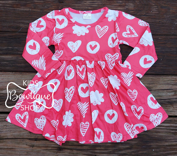 Pink Long Sleeve Doodle Hearts Twirl Dress