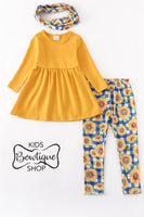 Yellow Tunic Top with Plaid Sunflower Leggings & Scarf