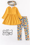 Yellow Tunic Top with Plaid Sunflower Leggings & Scarf