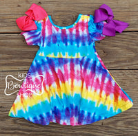 Rainbow Batik Flutter Sleeve Twirl Dress