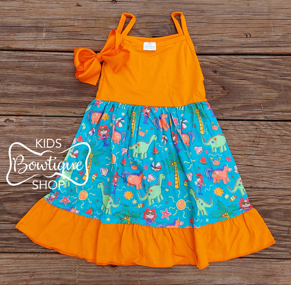 Orange & Teal Dino Sundress