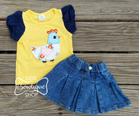 Yellow & Navy Rooster Tee with Pleated Denim Skirt