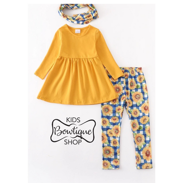 Yellow Tunic Top with Plaid Sunflower Leggings & Scarf