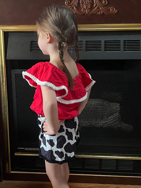 Off Shoulder Red Top and Cow Print Short Set